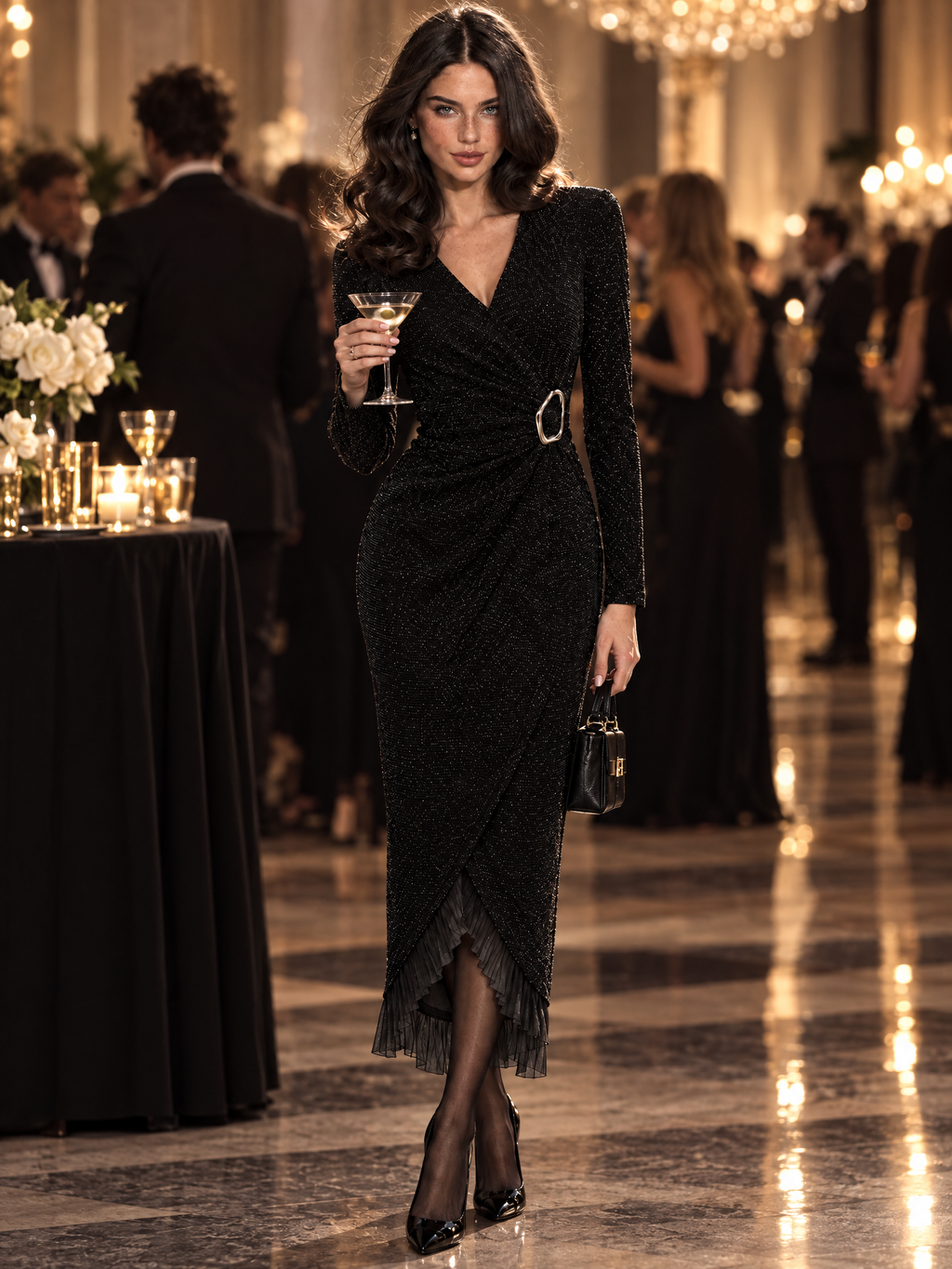 Vintage Black Sparkle Wrap V-Neck Metal Buckle Midi Dress