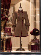 Vintage Velvet-Trim Stand-Collar Suede Mini Dress