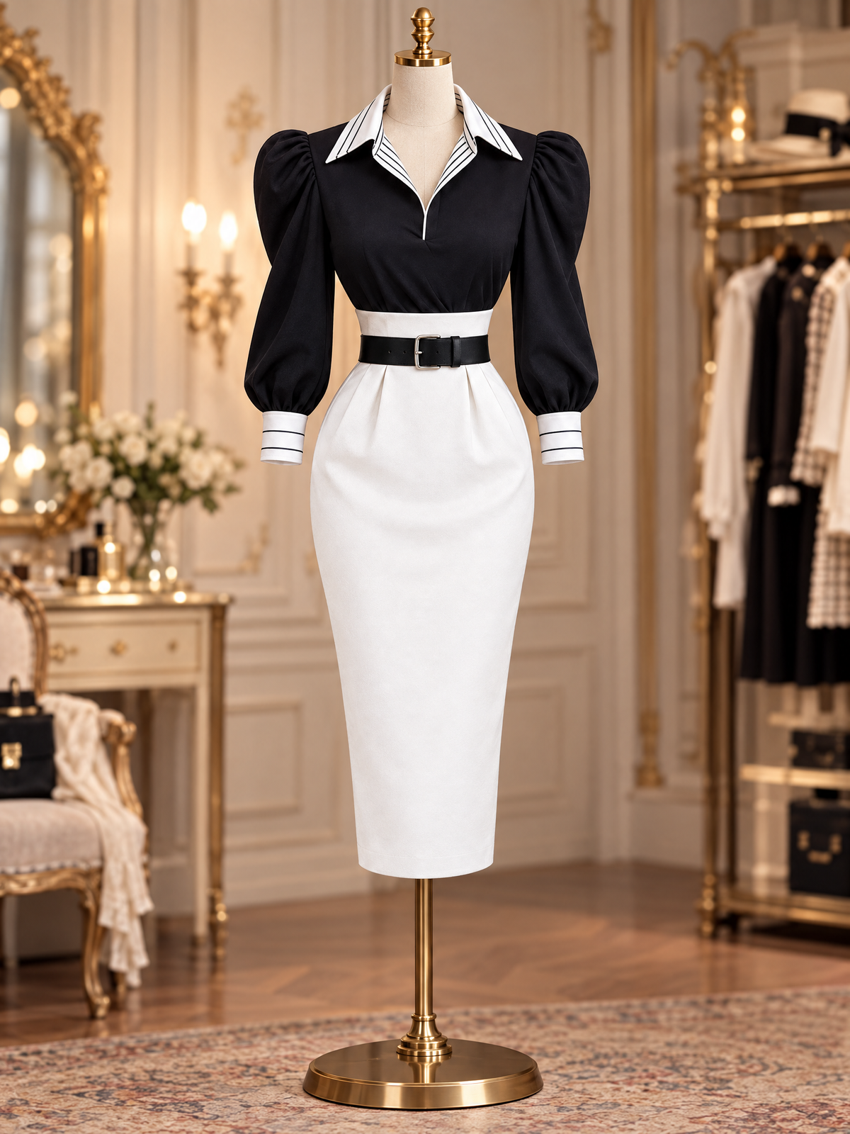 Vintage Color Block Puff Sleeve Striped Collar Midi Dress