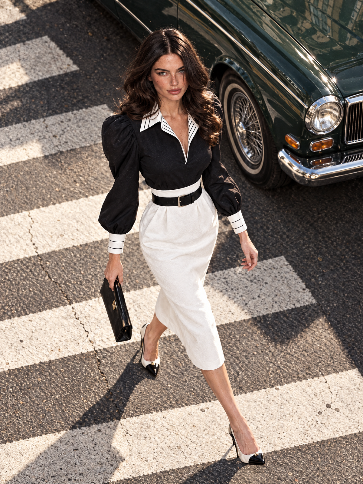Vintage Color Block Puff Sleeve Striped Collar Midi Dress