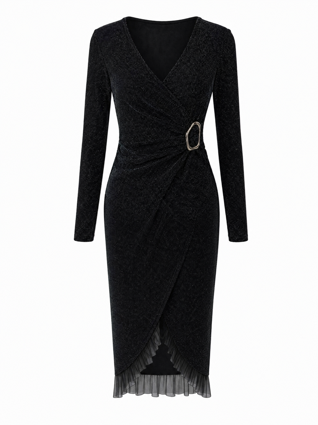 Vintage Black Sparkle Wrap V-Neck Metal Buckle Midi Dress