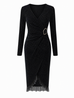 Vintage Black Sparkle Wrap V-Neck Metal Buckle Midi Dress