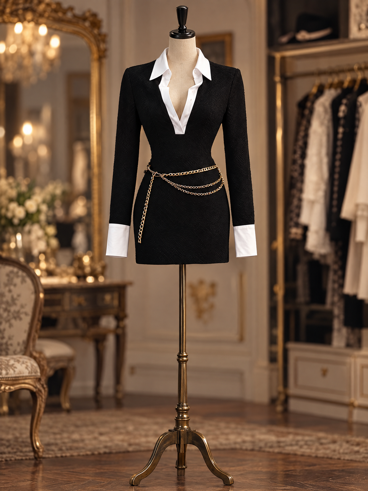 Vintage Black White Contrast Collar Long Sleeve Bodycon Mini Dress