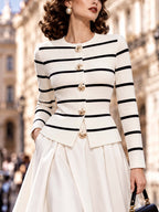 Retro Rose‑Button Striped Knit Cardigan