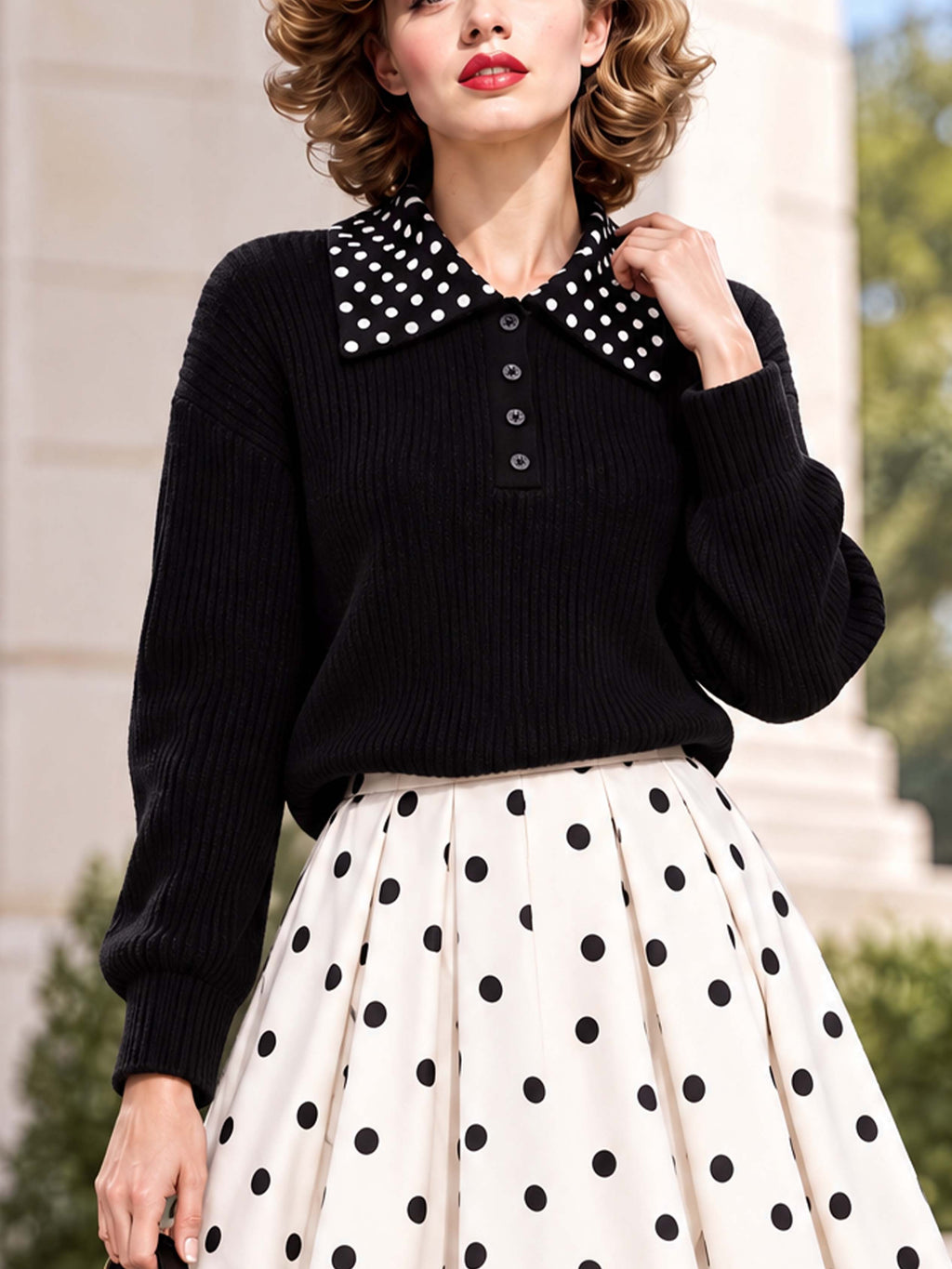 Retro Polka Dot Collar Knit Pullover Top