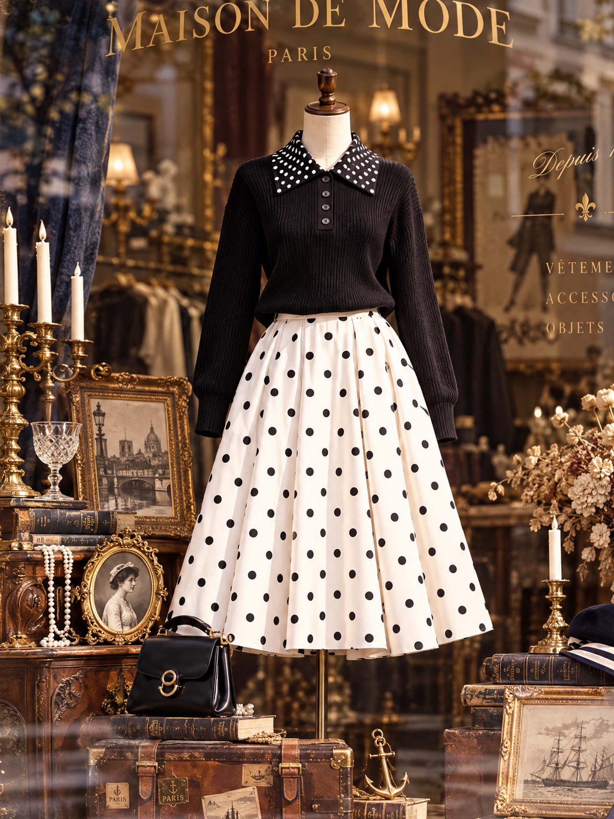 Retro Polka Dot Collar Knit Pullover Top