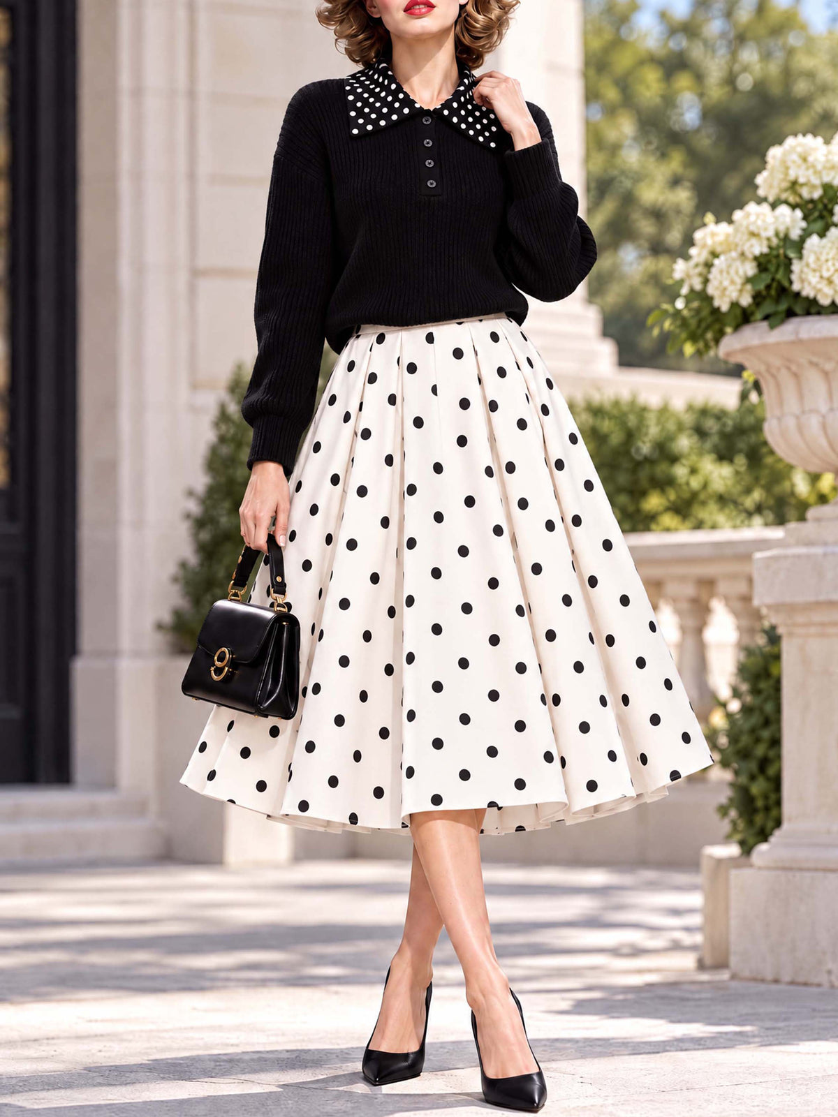 Retro Classic Polka‑Dot Swing Midi Skirt