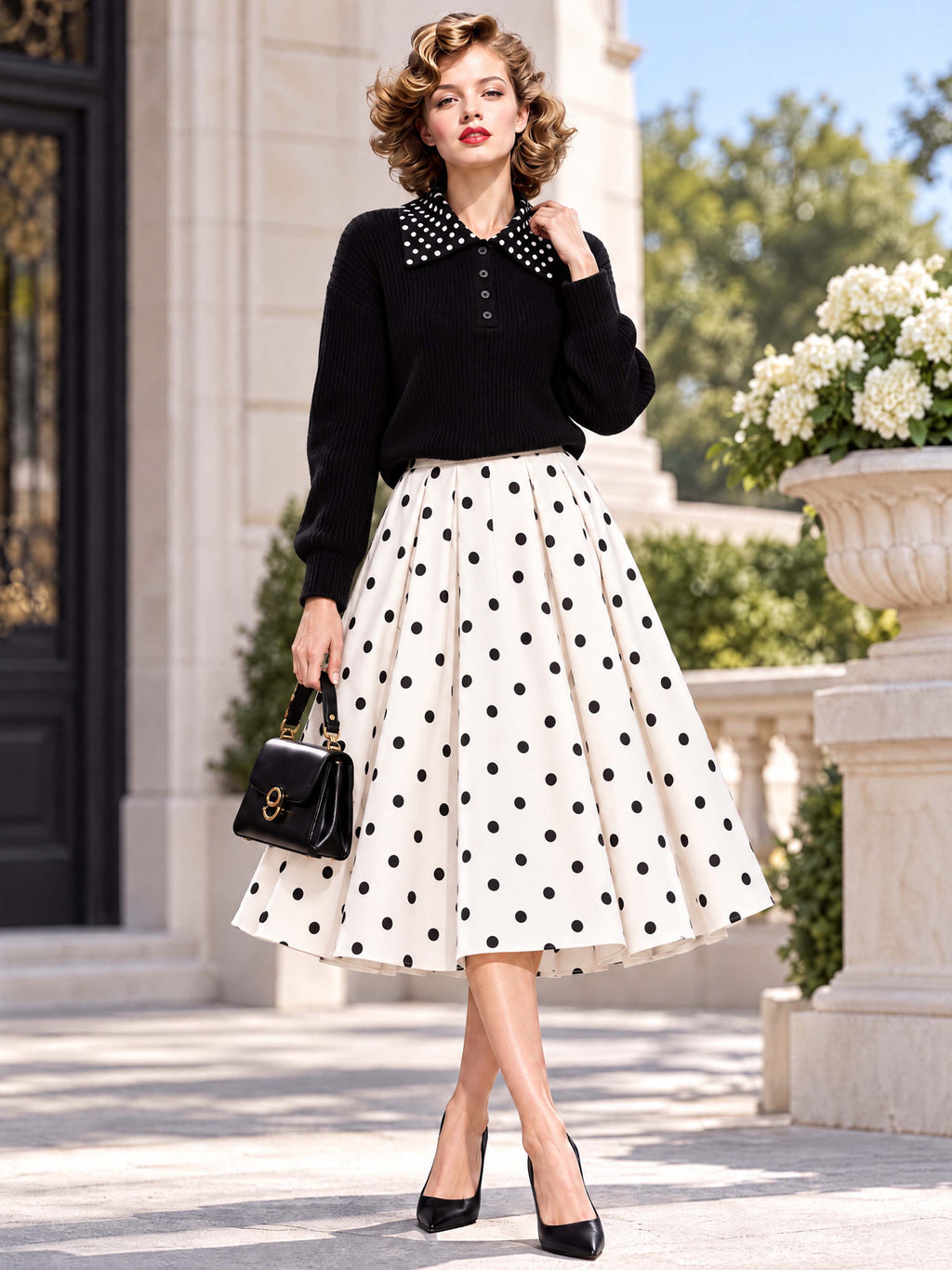 Retro Classic Polka‑Dot Swing Midi Skirt