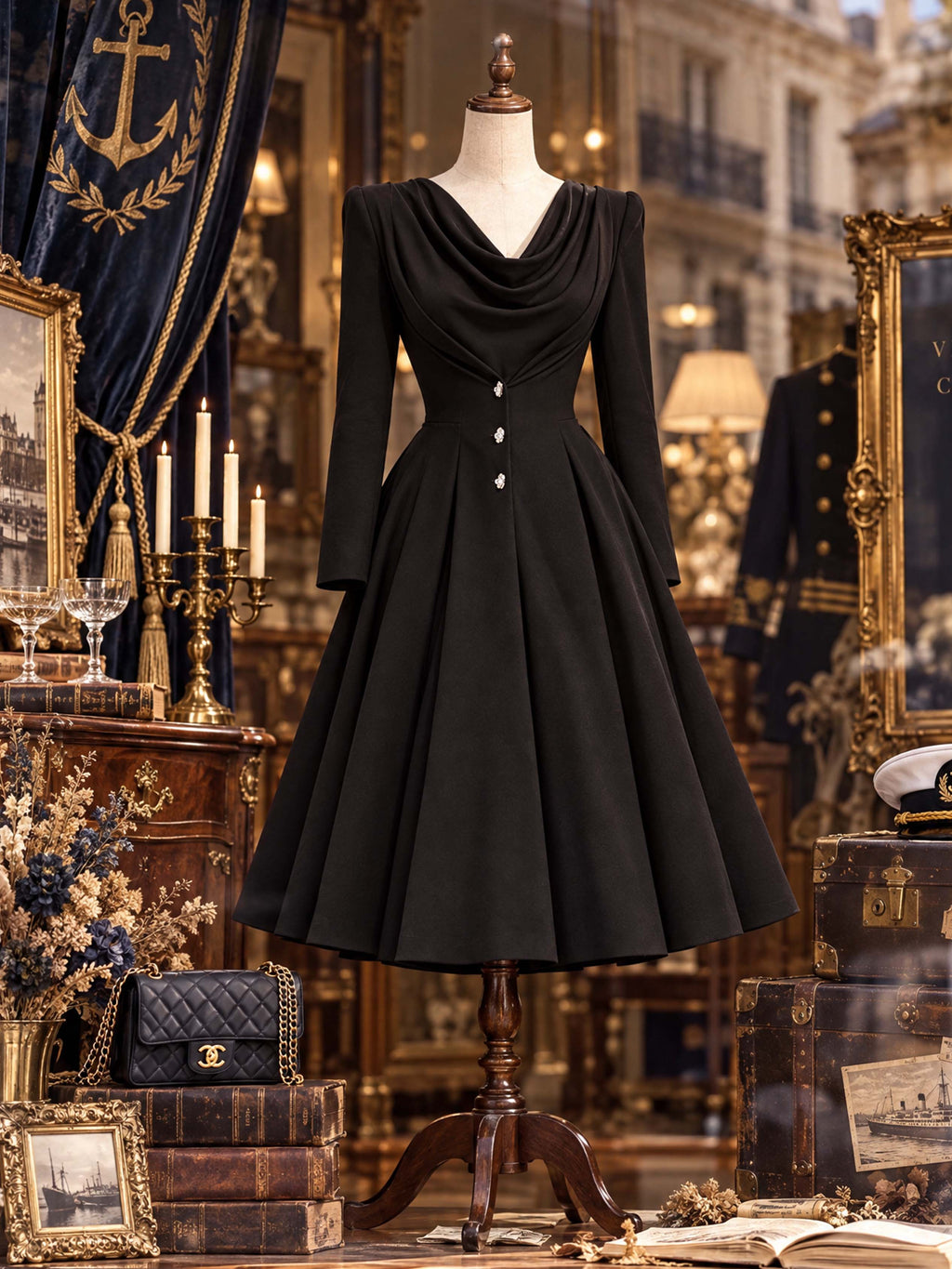 Retro Cowl Neck Midi Fit‑Flare Dress