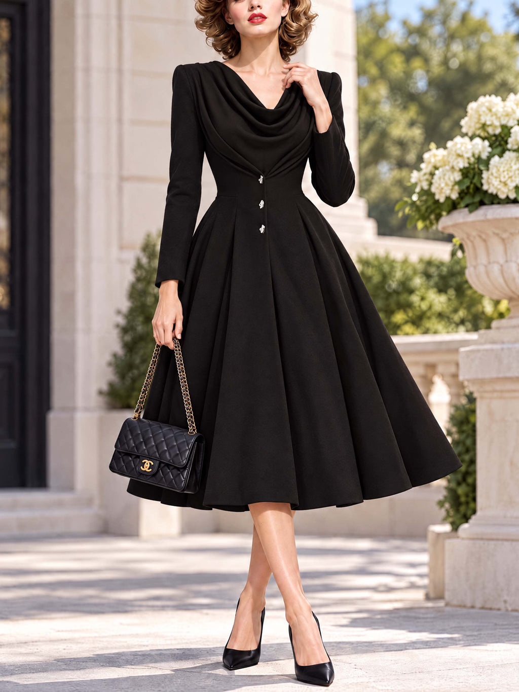 Retro Cowl Neck Midi Fit‑Flare Dress