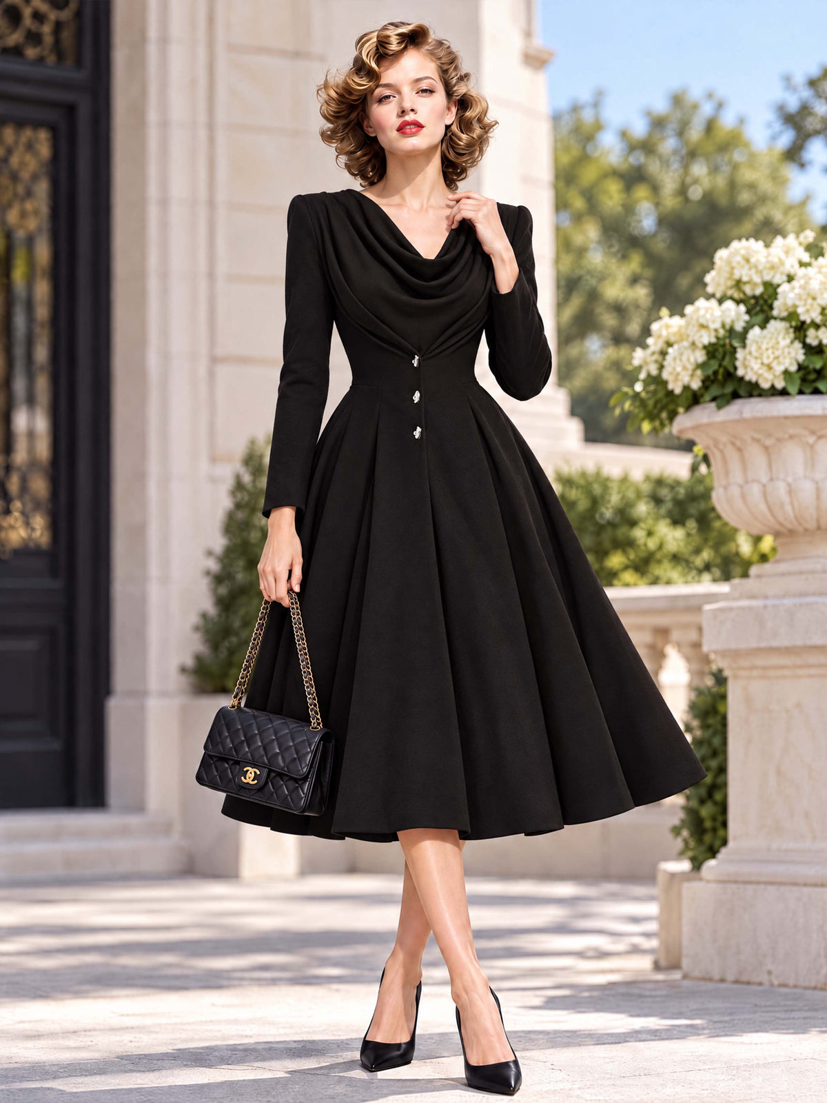 Retro Cowl Neck Midi Fit‑Flare Dress