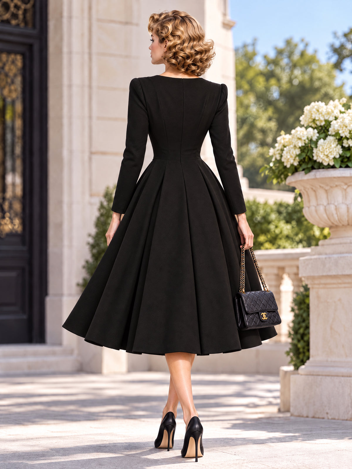 Retro Cowl Neck Midi Fit‑Flare Dress
