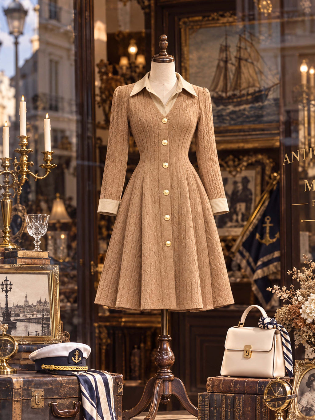 Retro Faux Collar Cable Knit Midi Dress