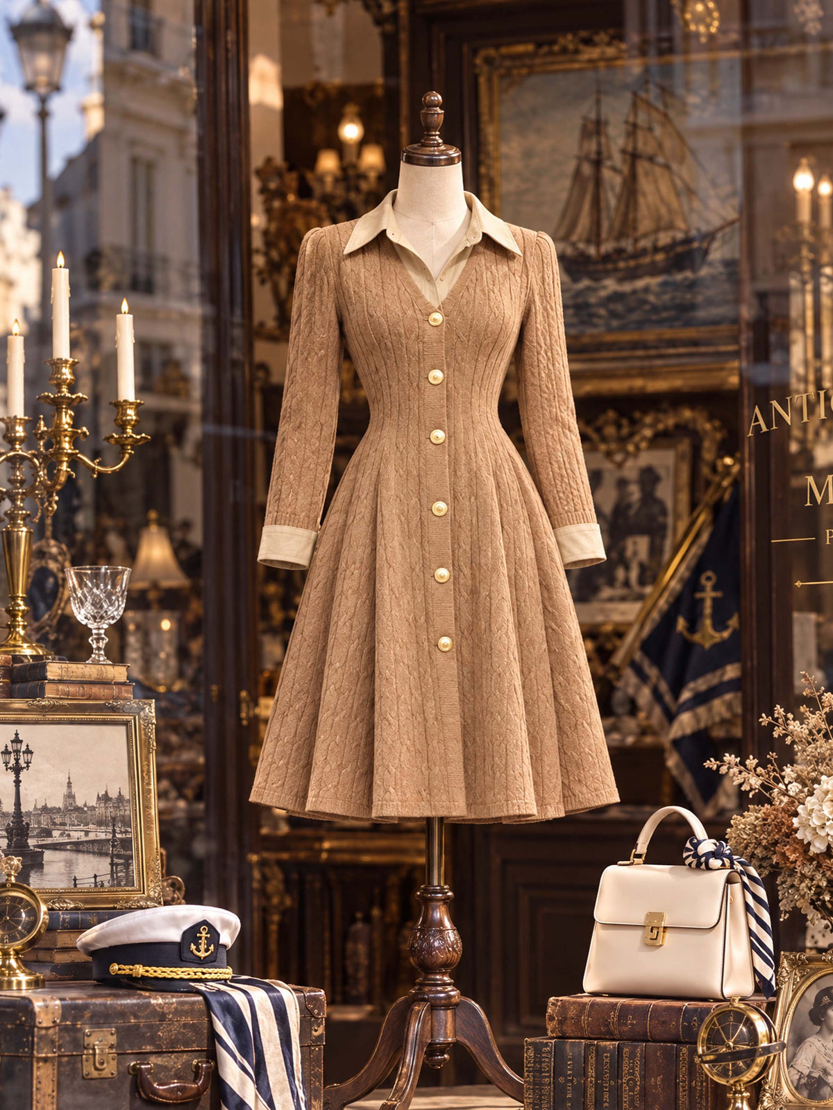 Retro Faux Collar Cable Knit Midi Dress