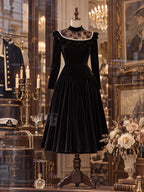 Retro Elegant Pearl Ruffle Velvet Party Dress
