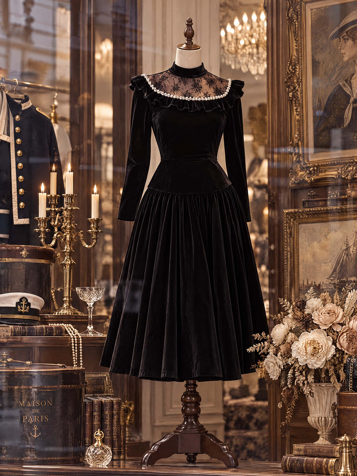Retro Elegant Pearl Ruffle Velvet Party Dress