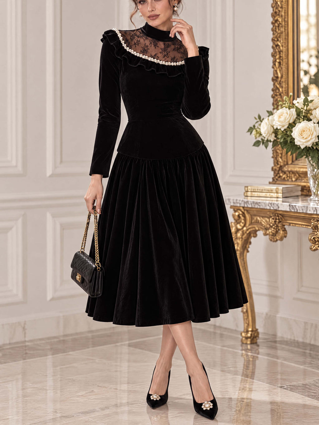 Retro Elegant Pearl Ruffle Velvet Party Dress