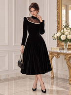 Retro Elegant Pearl Ruffle Velvet Party Dress