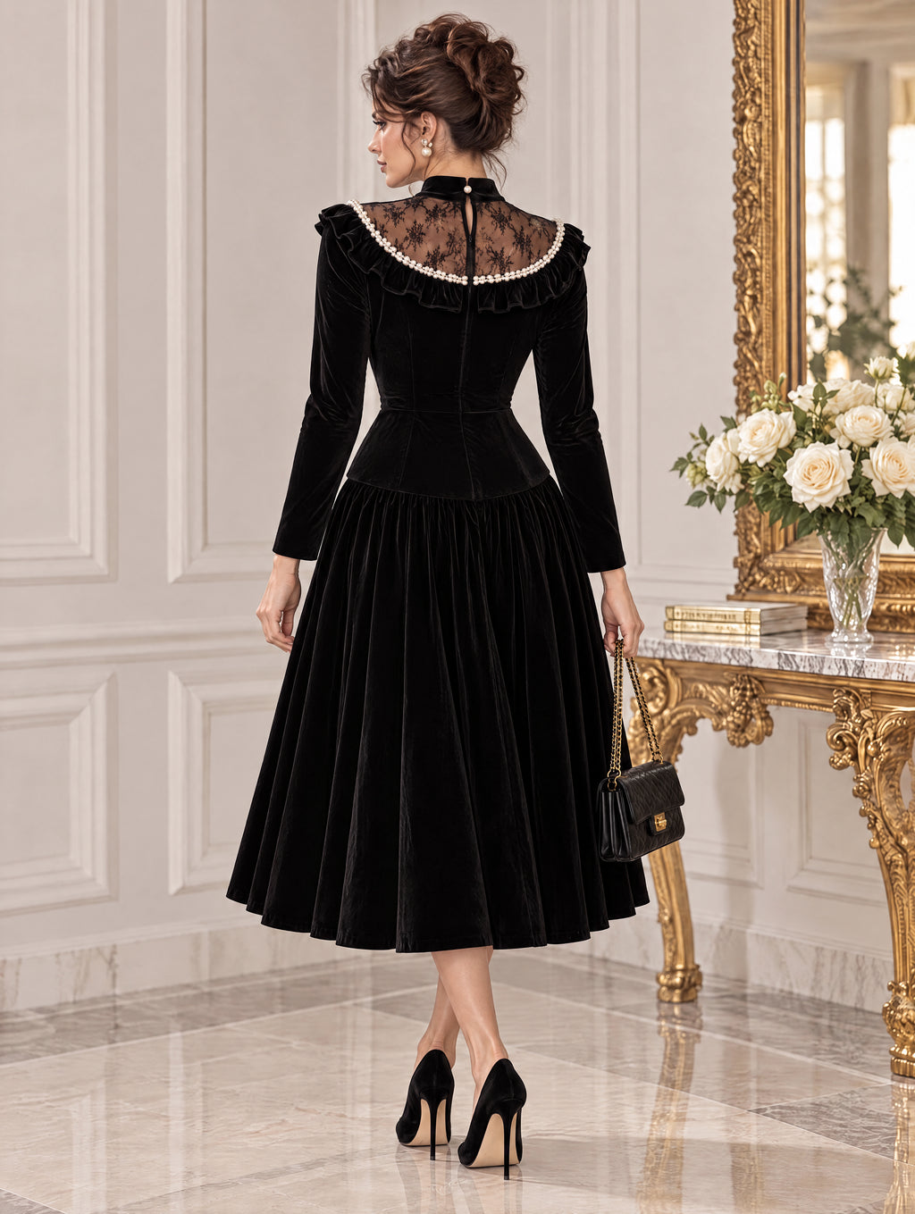 Retro Elegant Pearl Ruffle Velvet Party Dress