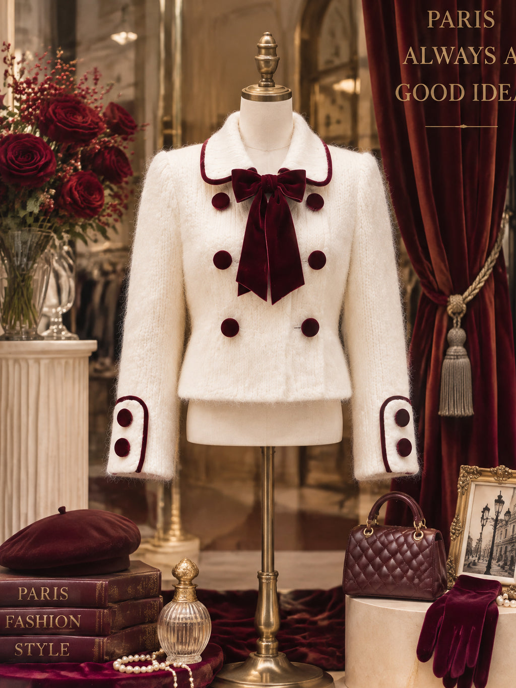 Intage Velvet-Bow Double-Breasted Mohair Knit Cardigan