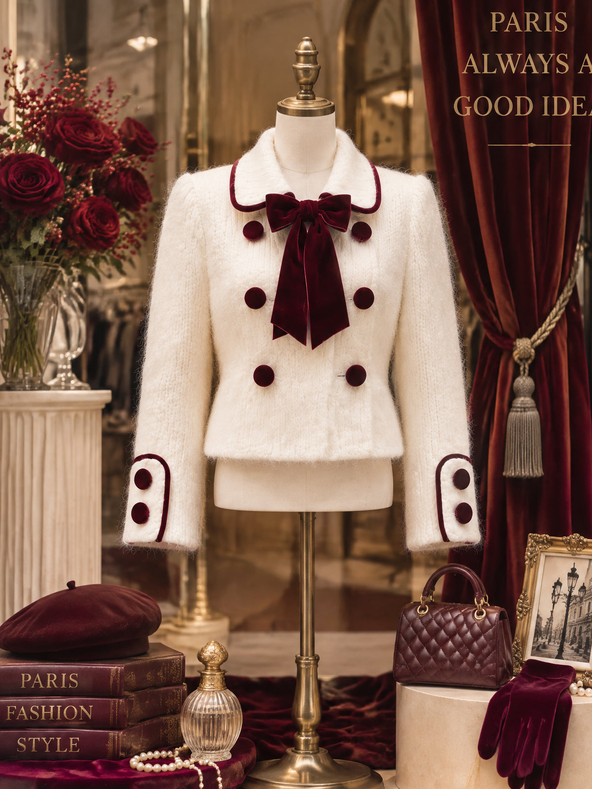 Intage Velvet-Bow Double-Breasted Mohair Knit Cardigan