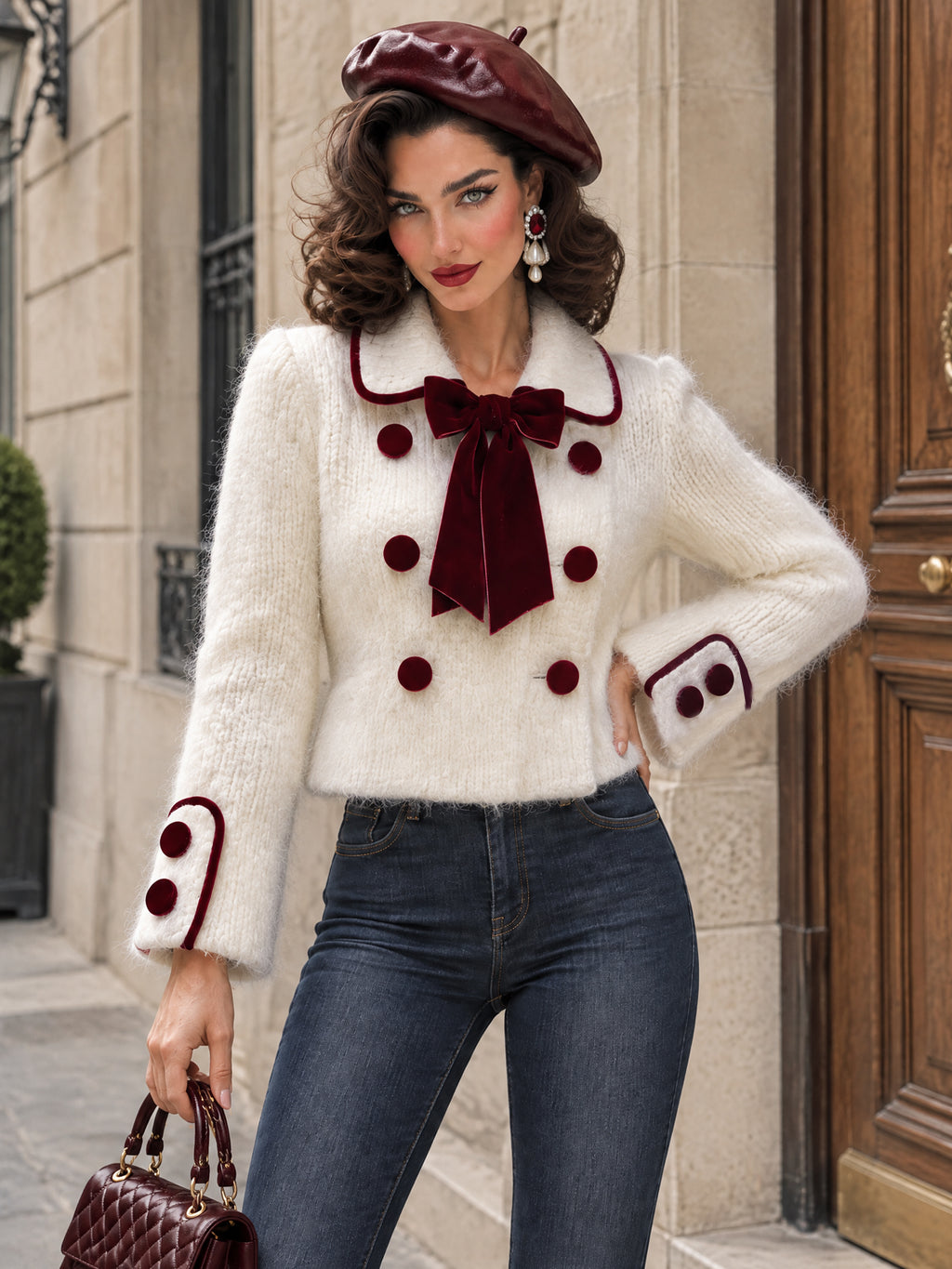 Intage Velvet-Bow Double-Breasted Mohair Knit Cardigan