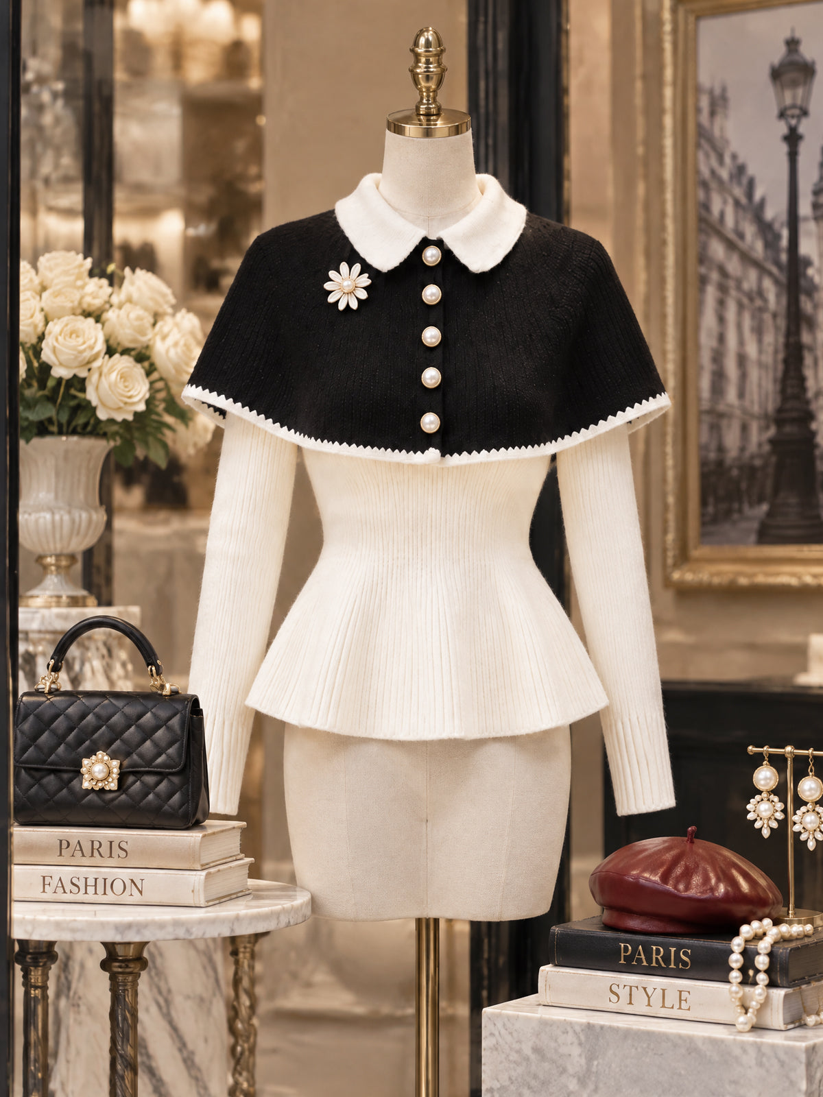 Vintage Colorblock Cape-Collar Pearl-Button Peplum Sweater