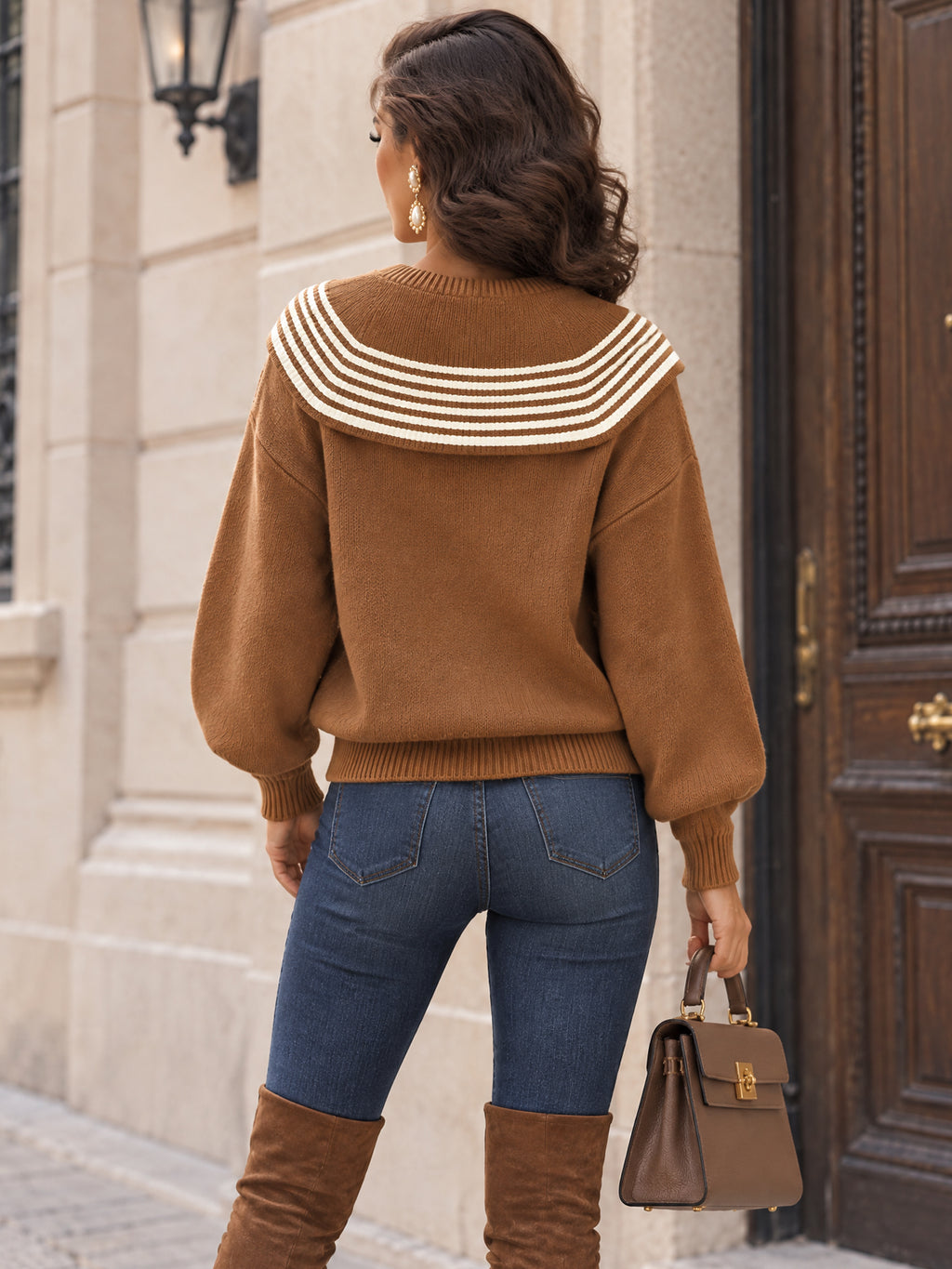 Vintage Striped Scarf-Collar Drop-Shoulder Knit Sweater
