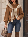 Vintage Striped Scarf-Collar Drop-Shoulder Knit Sweater
