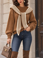 Vintage Striped Scarf-Collar Drop-Shoulder Knit Sweater