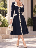 Retro Color‑Block Elegant Midi Dress