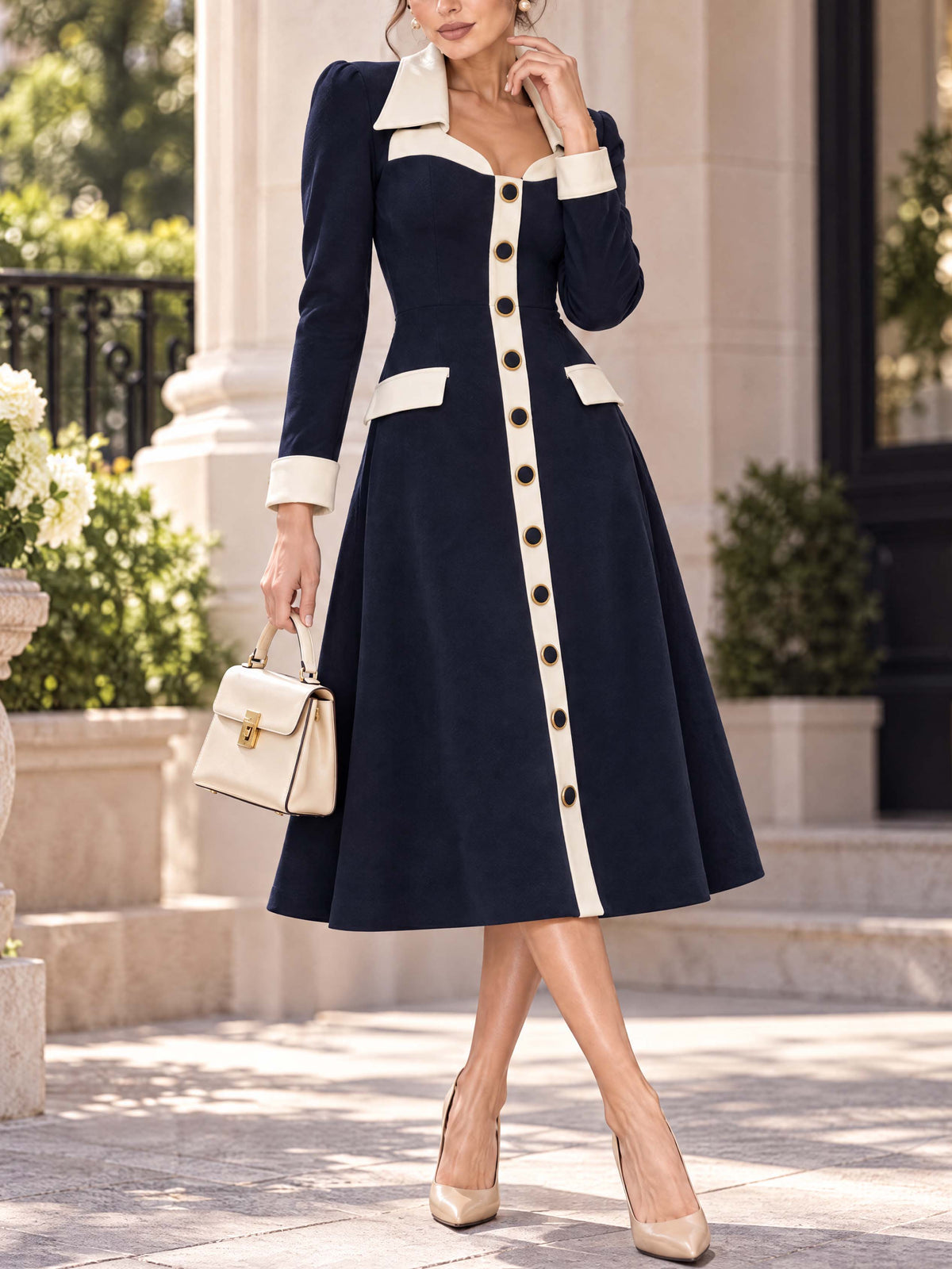 Retro Color‑Block Elegant Midi Dress