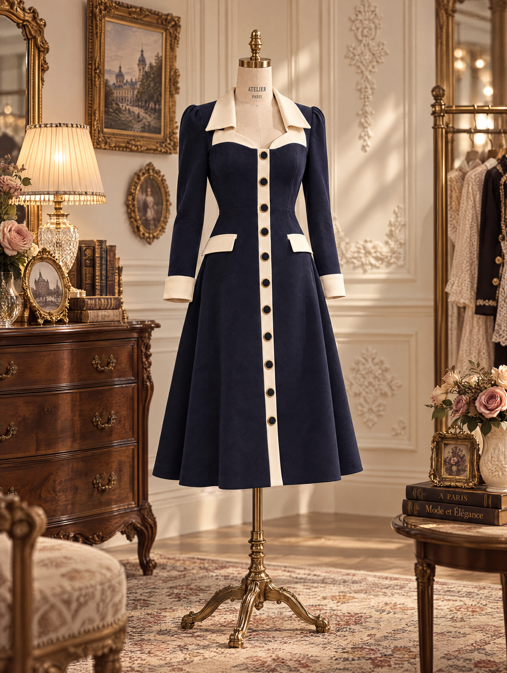 Retro Color‑Block Elegant Midi Dress