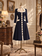 Retro Color‑Block Elegant Midi Dress
