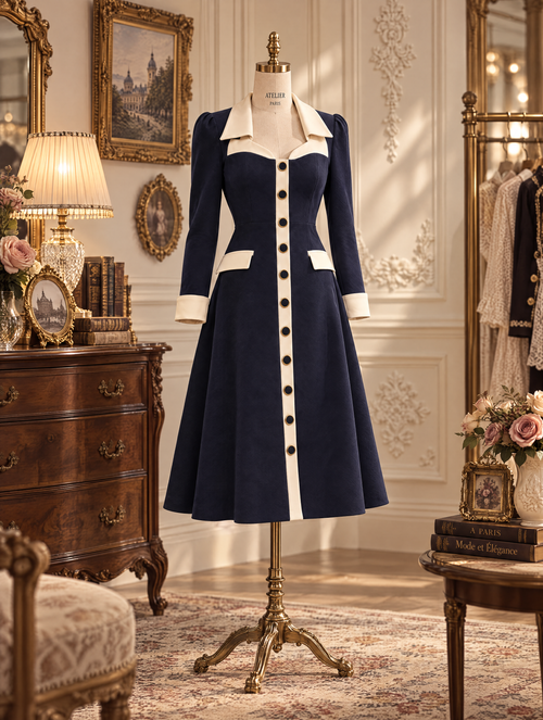 Retro Color‑Block Elegant Midi Dress