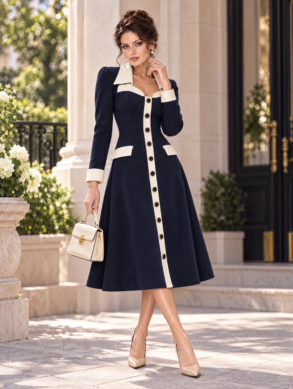 Retro Color‑Block Elegant Midi Dress