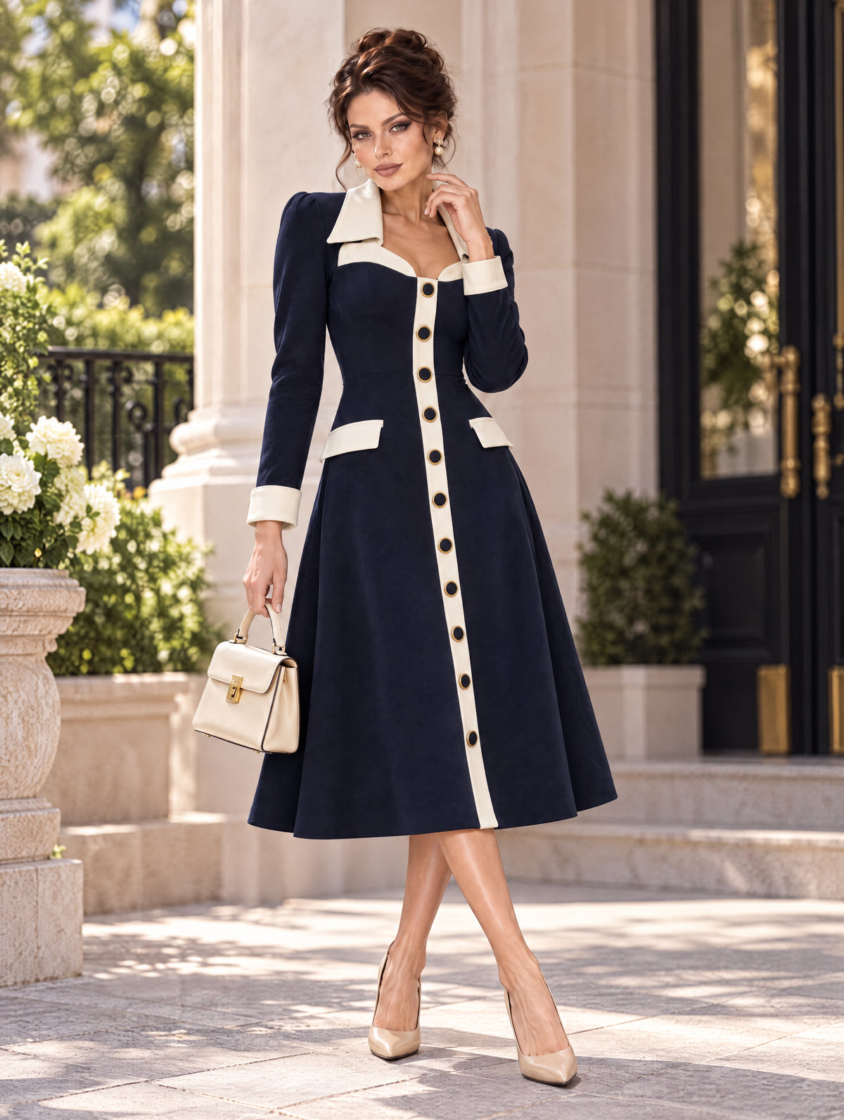 Retro Color‑Block Elegant Midi Dress