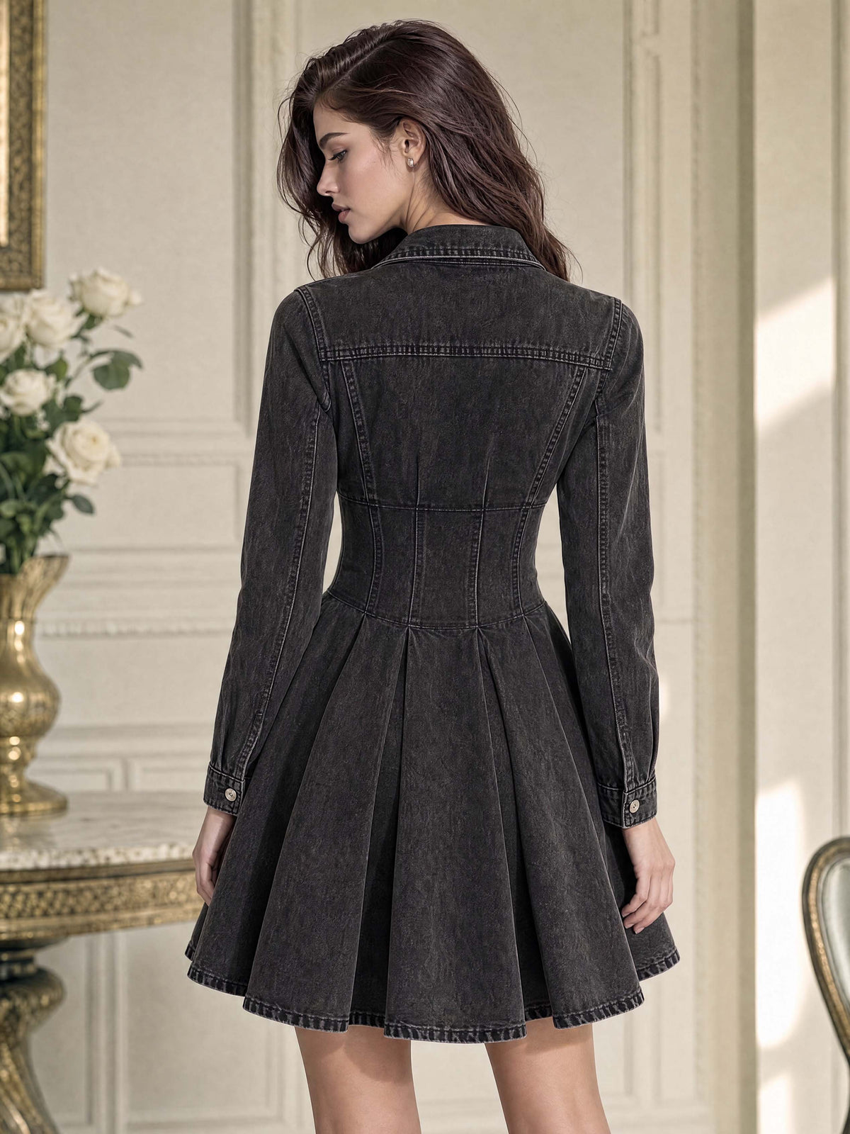 Retro Collared A‑Line Denim Mini Dress