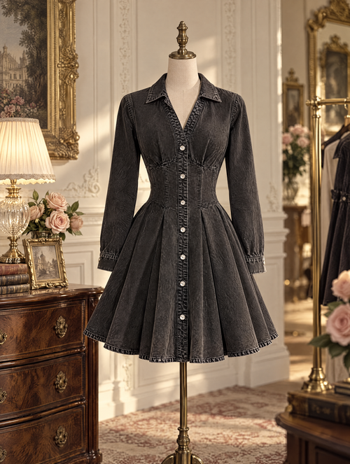 Retro Collared A‑Line Denim Mini Dress