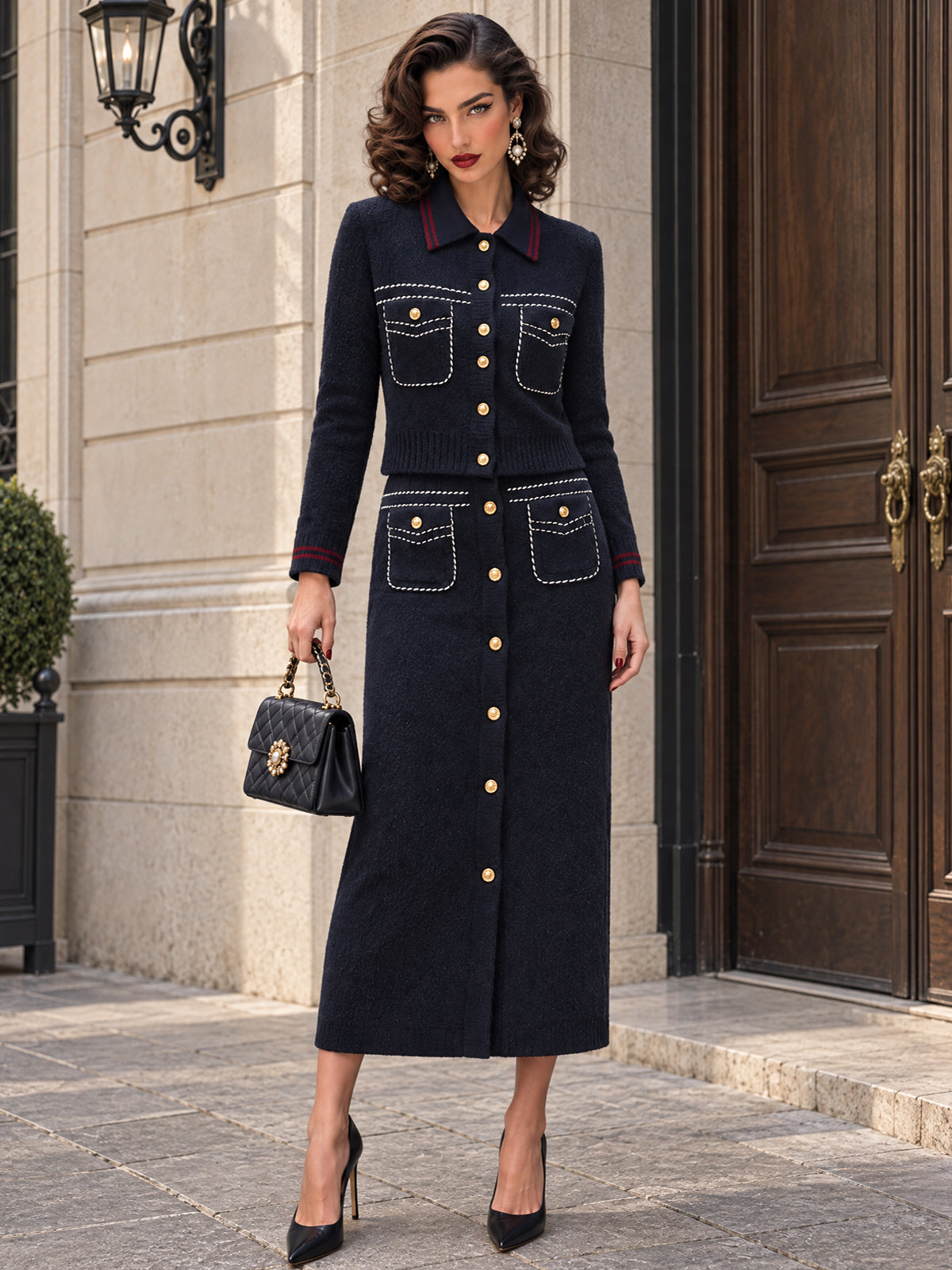 Vintage Topstitch Gold-Button Knit Cardigan Skirt Set