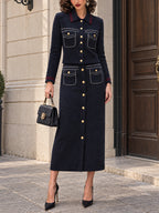 Vintage Topstitch Gold-Button Knit Cardigan Skirt Set
