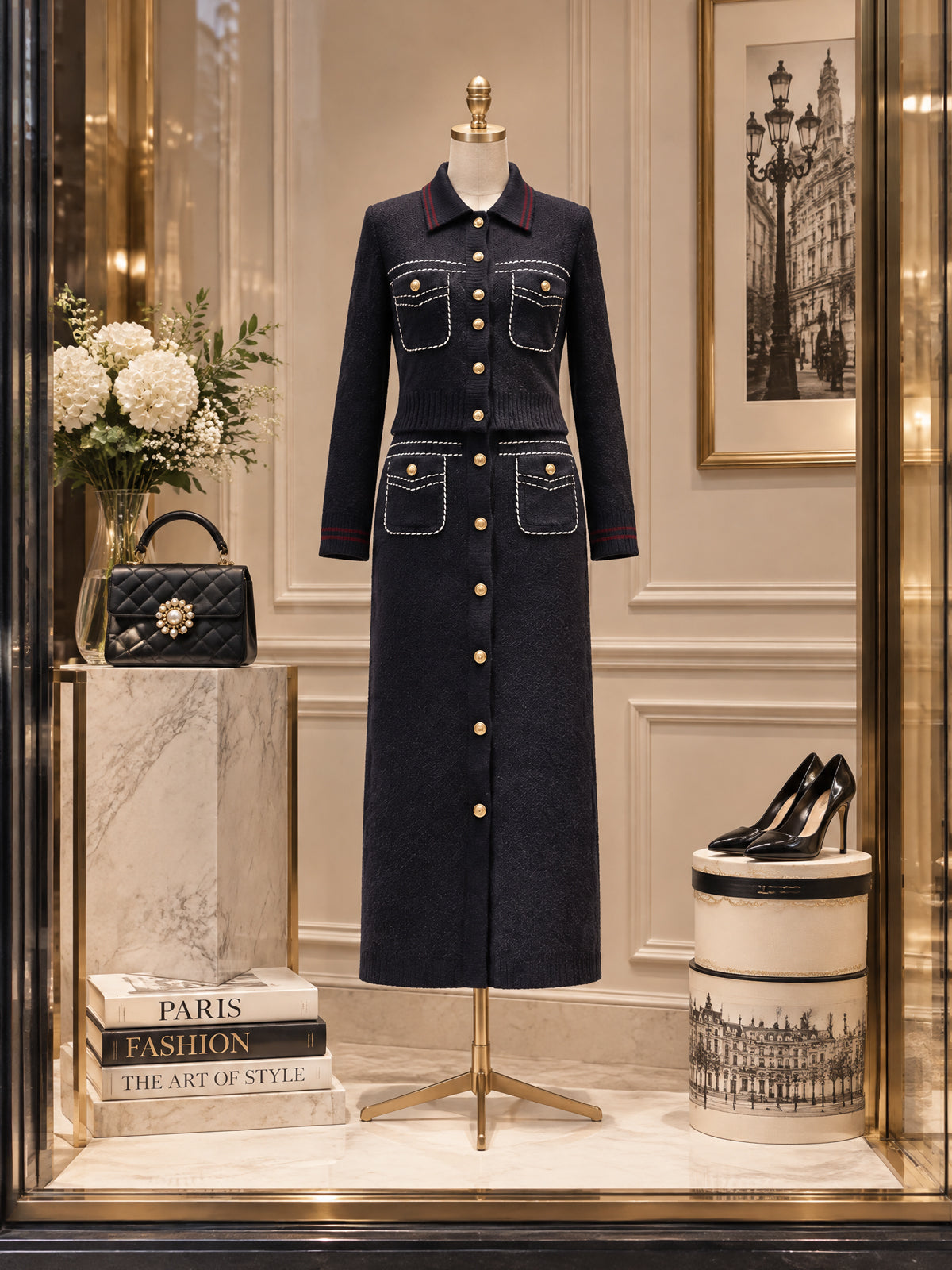 Vintage Topstitch Gold-Button Knit Cardigan Skirt Set
