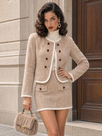 Vintage Beige Contrast-Trim Gem-Button Tweed Skirt Set