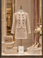 Vintage Beige Contrast-Trim Gem-Button Tweed Skirt Set
