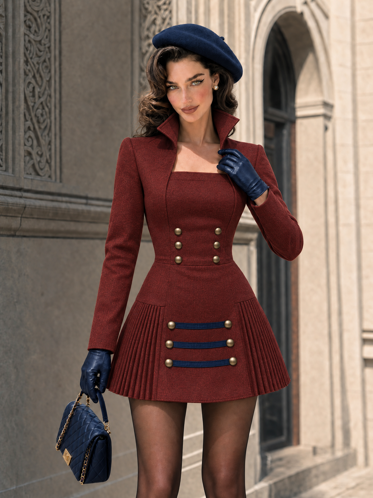 Vintage Pleated Spliced Color‑block Thin Wool Mini Dress