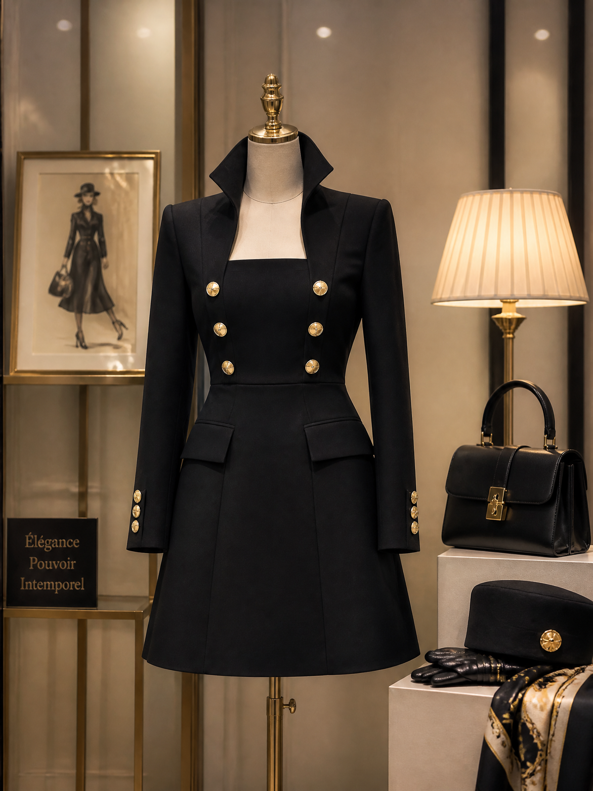 Vintage Military Black Fit-and-Flare Stand Collar Mini Dress