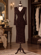 Vintage Dark Coffee Lace V-neck Elegant Bodycon Midi Dress