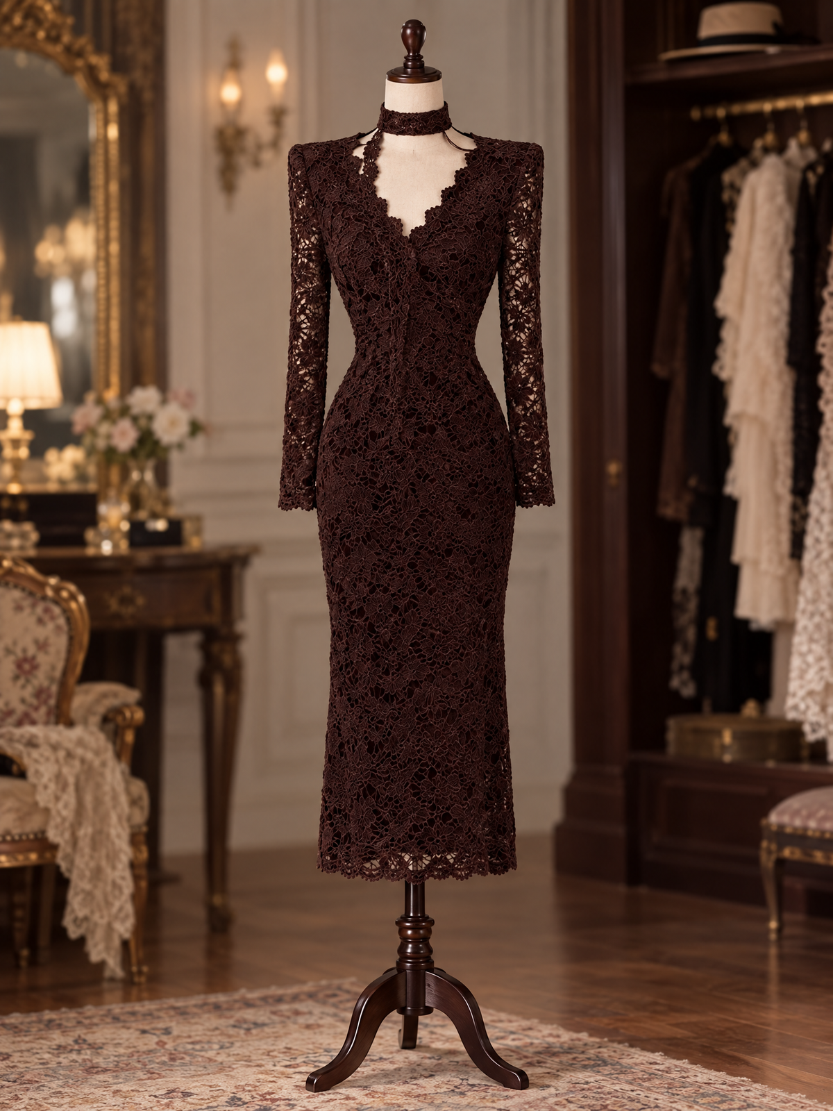 Vintage Dark Coffee Lace V-neck Elegant Bodycon Midi Dress