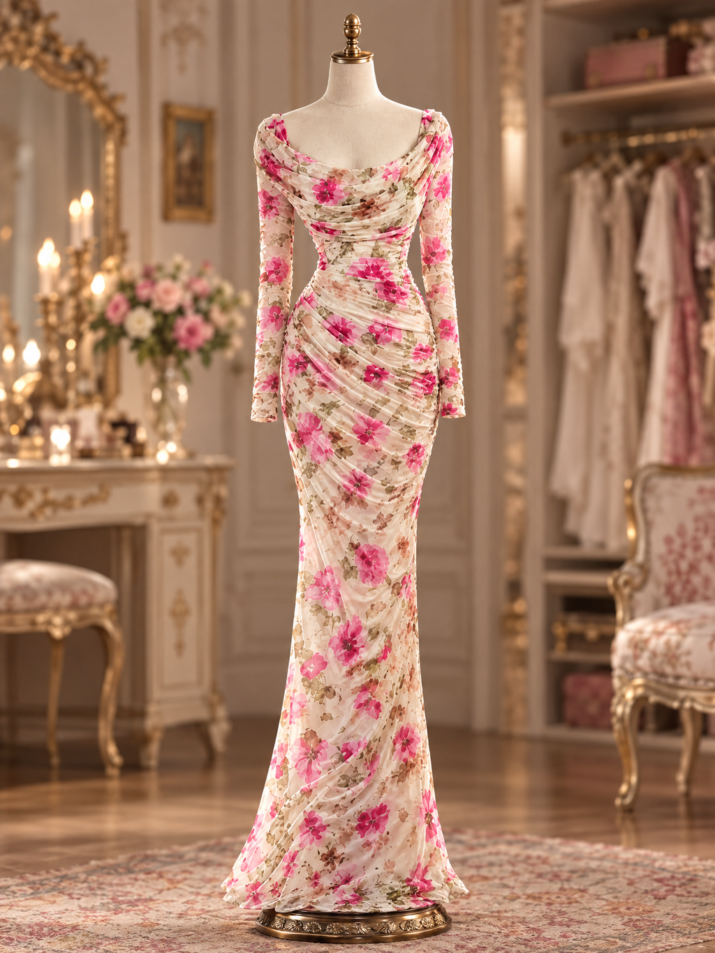 Vintage Romantic Floral Cowl Neck Long Evening Maxi Dress