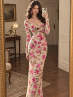 Vintage Romantic Floral Cowl Neck Long Evening Maxi Dress